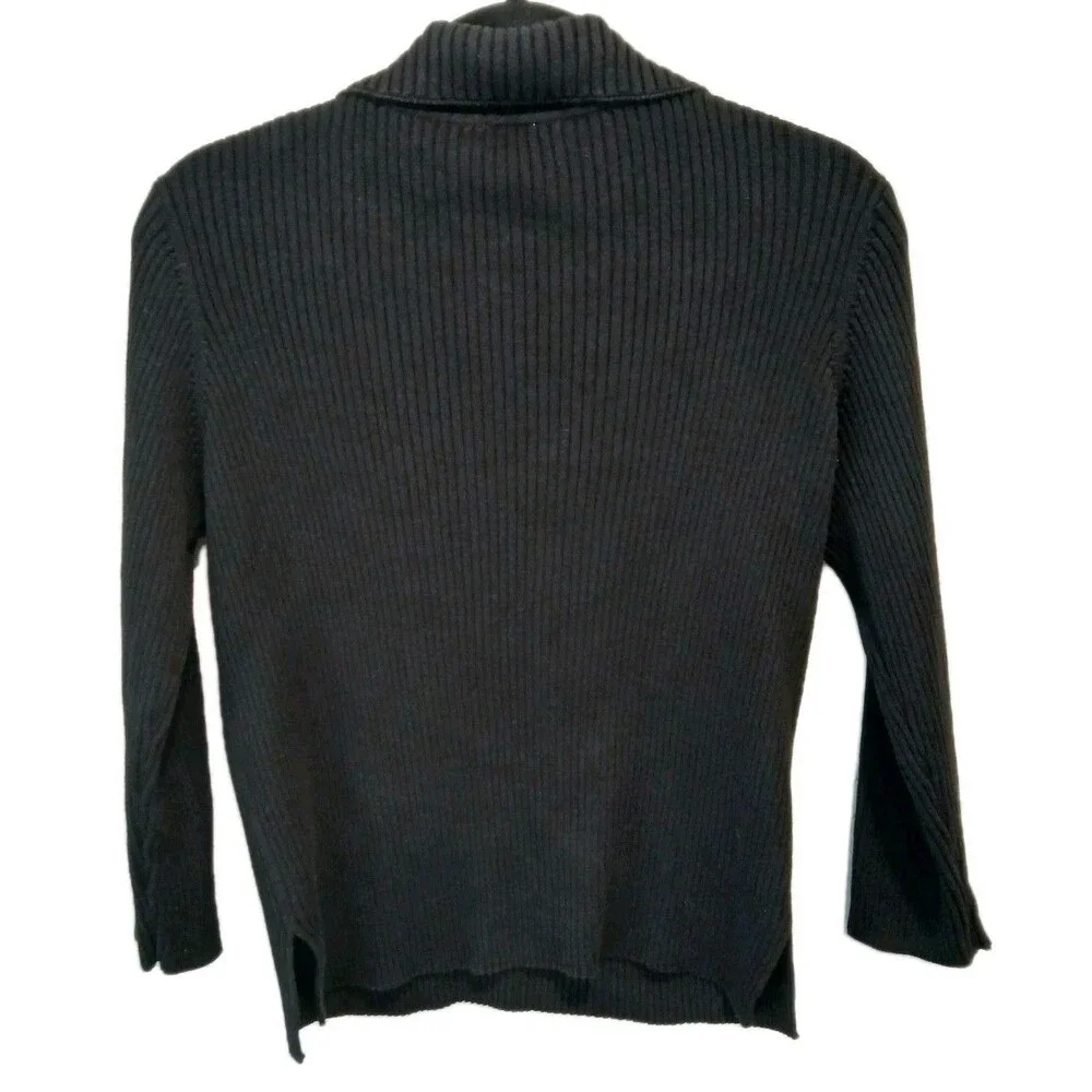J. Jill Black Knit Johnny Collared Pullover Sweater 100% Cotton 3/4 Sleeve Med